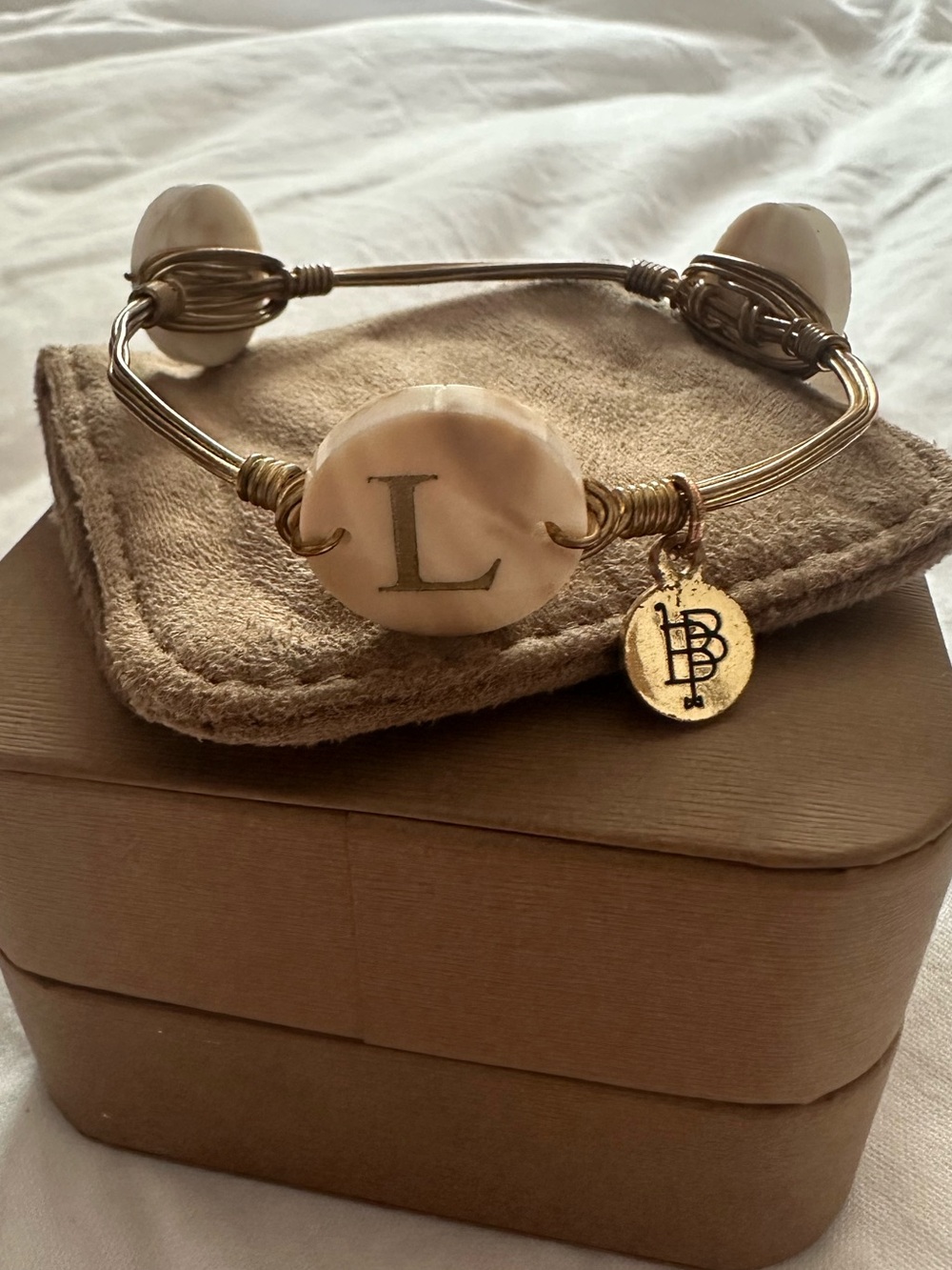 Monogram 'L' Gold-Tone Bangle Bracelet with Cream Accents